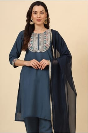 Salwar Kameez en soie brodée en bleu nuit avec Dupatta SK154607