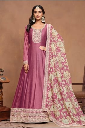 robe rose en soie brodée avec dupatta GW0978