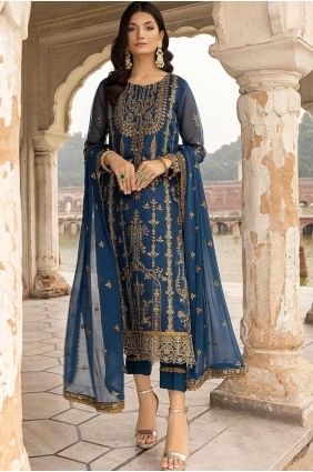 GEORGETTE SALWAR KAMEEZ AVEC DENTELLE EN BLEU SK154614