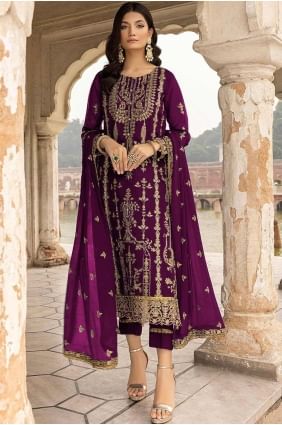 salwar kameez violet en georgette avec dentelle SK154617