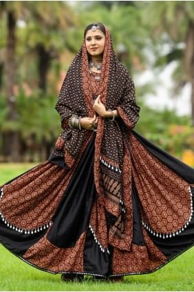 Coton uni lehenga choli en noir, marron LC8020