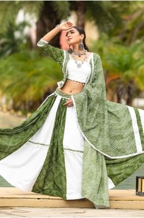Coton uni vert blanc lehenga choli avec dupatta LC8021