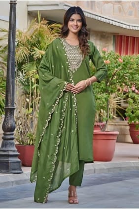 Salwar Kameez brodé vert citron en viscose SK154624