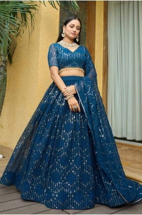 georgette lehenga choli en turquoise avec broderie LC8036