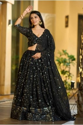 Georgette Black Lehenga Choli en Brodé LC8038