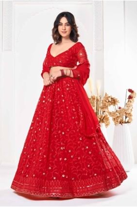 choli lehenga imprimé georgette rouge avec dupatta LC8043
