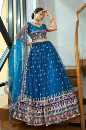 Filet imprimé Lehenga Choli en turquoise LC8044