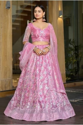 Lehenga choli imprimé en filet rose LC8045