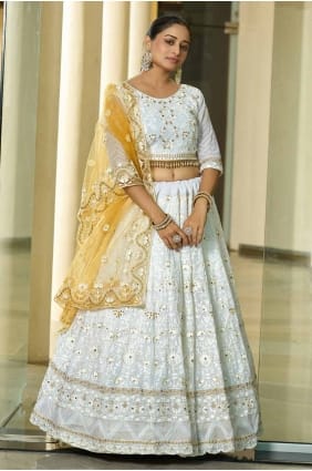 choli lehenga jaune et blanc en georgette brodée LC8050