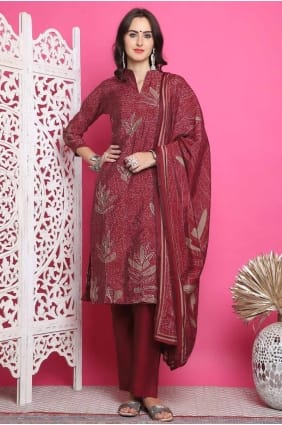 Salwar Kameez imprimé en mousseline marron SK154626
