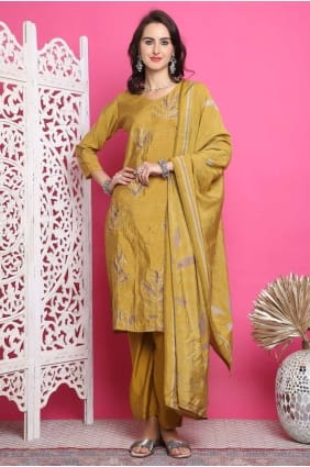 salwar kameez en mousseline imprimée moutarde avec dupatta SK154628