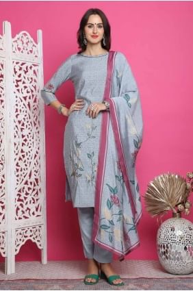 salwar kameez en mousseline grise imprimée avec dupatta SK154631