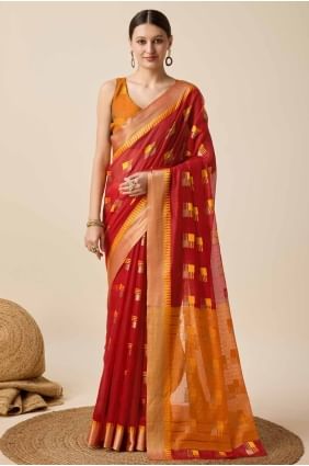 sari en coton rouge en tissage SR27563