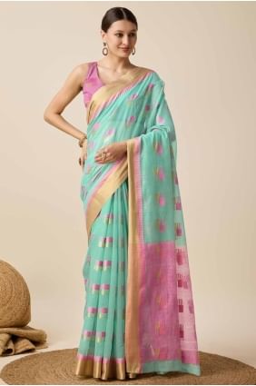 Saree Firozi en coton tissé SR27564