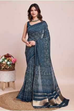 sari bleu avec tissage en coton SR27571