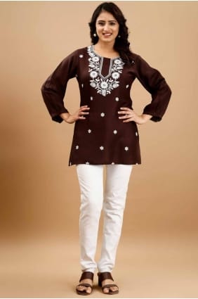 Kurti brodé en viscose marron KTI2553