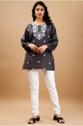 kurti en viscose avec broderie en gris KTI2554