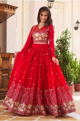 Lehenga Choli rouge en fausse georgette avec broderie LC8058