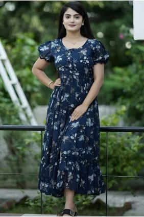 Robe robe bleue en georgette imprimée avec dupatta GW0996