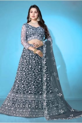 Lehenga Choli brodé en filet vert citron LC8065