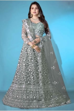 choli lehenga en filet brodé en gris foncé LC8066
