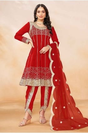 Salwar Kameez orange en soie artistique brodée SK154660