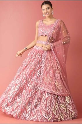 Lehenga Choli brodé rose en résille LC8068