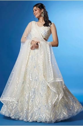 Lehenga Choli en filet blanc brodé LC8069