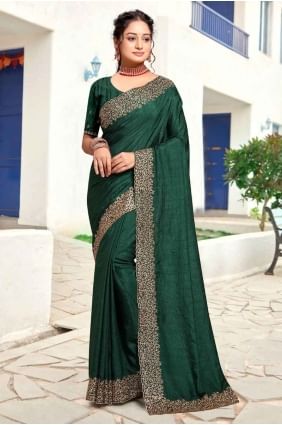 sari brodé vert bouteille en soie artistique SR27583