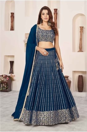 Lehenga Choli bleu en georgette brodée LC8076