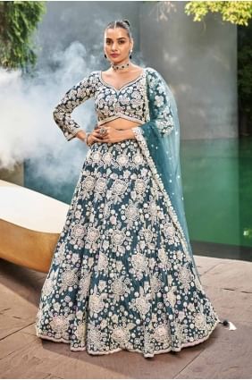 Lehenga Choli en satin sarcelle avec fil LC8087