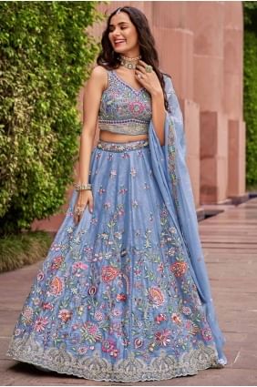 Lehenga Choli en organza bleu turquoise LC8089
