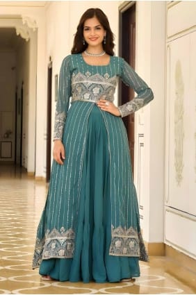 Lehenga Choli en jade clair en fausse georgette brodée LC8091