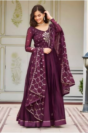 robe brodée en georgette bordeaux GW1005