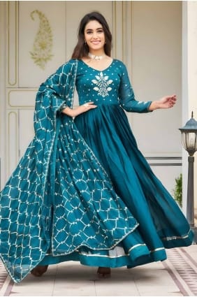 robe de soirée brodée en georgette bleu sarcelle avec dupatta GW1006