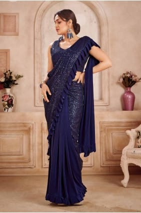 sari en soie bleu marine à sequins SR27586