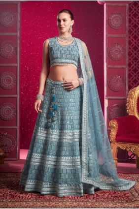 Lehenga Choli en filet à paillettes bleu LC8101