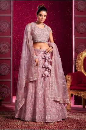 choli lehenga en filet de couleur pêche avec paillettes LC8102