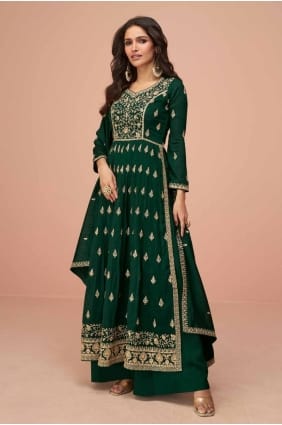 Tailleur pantalon droit en soie à paillettes vert avec dupatta SK154668