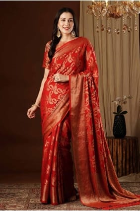 Sari orange en tissage de soie avec chemisier SR27595