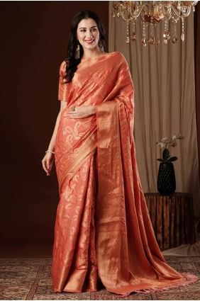 sari en soie avec tissage en orange cassé SR27597