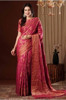 sari rose avec tissage de soie SR27599