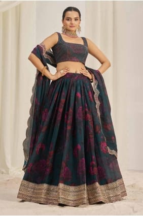 Lehenga Choli bleu sarcelle imprimé en organza avec Dupatta LC8105
