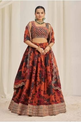 choli lehenga orange avec organza imprimé LC8106