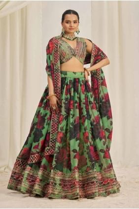 choli lehenga perroquet vert imprimé organza avec dupatta LC8107