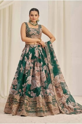 choli lehenga vert foncé imprimé organza avec dupatta LC8108