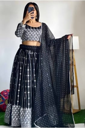 Lehenga Choli en fil noir en fausse georgette LC8109