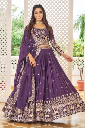 Faux georgette brodée violette Lehenga choli LC8116