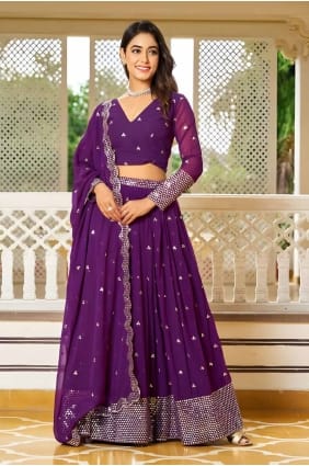 choli lehenga en fil de soie imitation georgette en violet LC8120