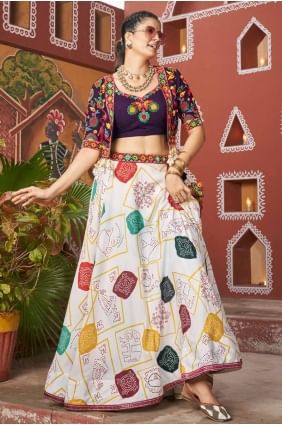 choli lehenga blanc en soie brodée LC8125